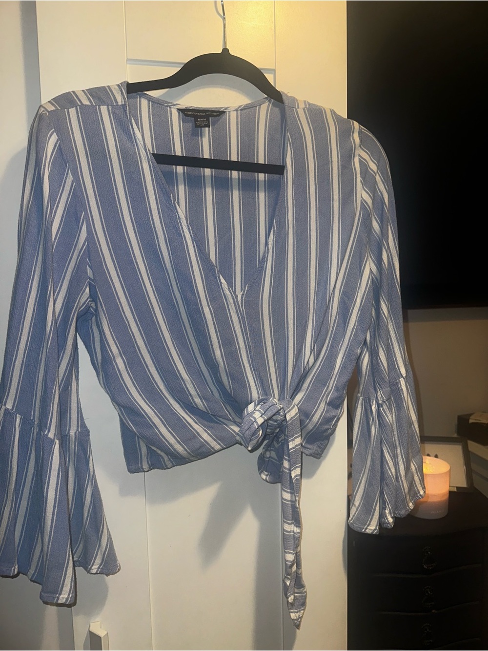 American Eagle Outfitters Striped Bell Sleeved Tie Front Top - Picture 2 of 4